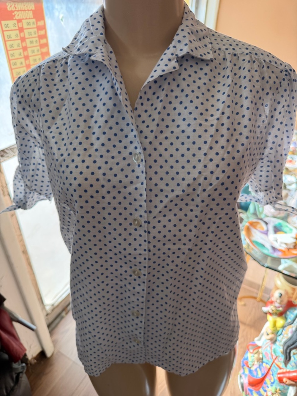 White Button-Up Blouse with Blue Polka Dots